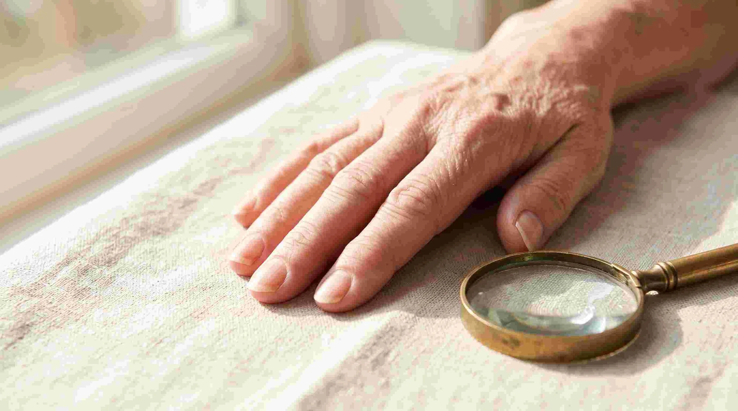close-up of unpolished fingernails on an older hand resting on linen in window light
