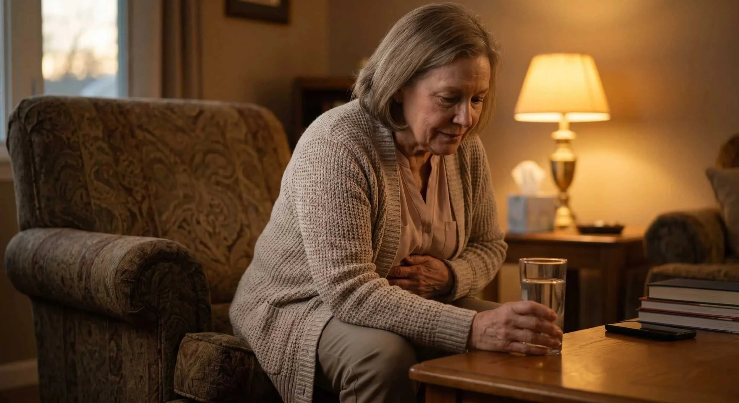 Older woman holding her stomach in discomfort and reaching for a glass of water at home