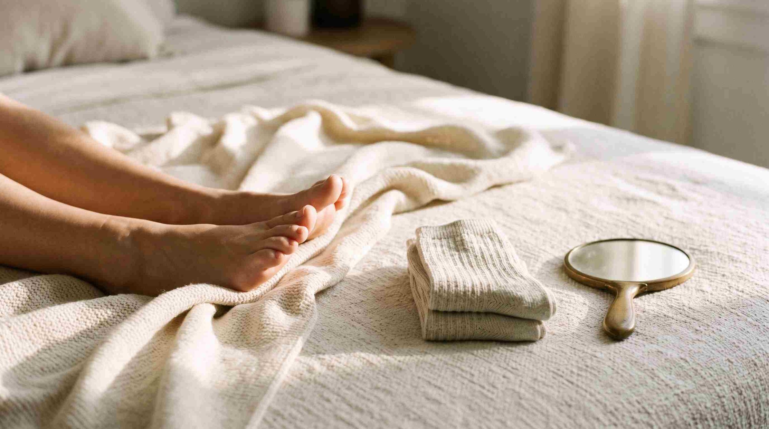 Bare feet on a cream blanket at the end of a bed with cotton socks and a small mirror beside them