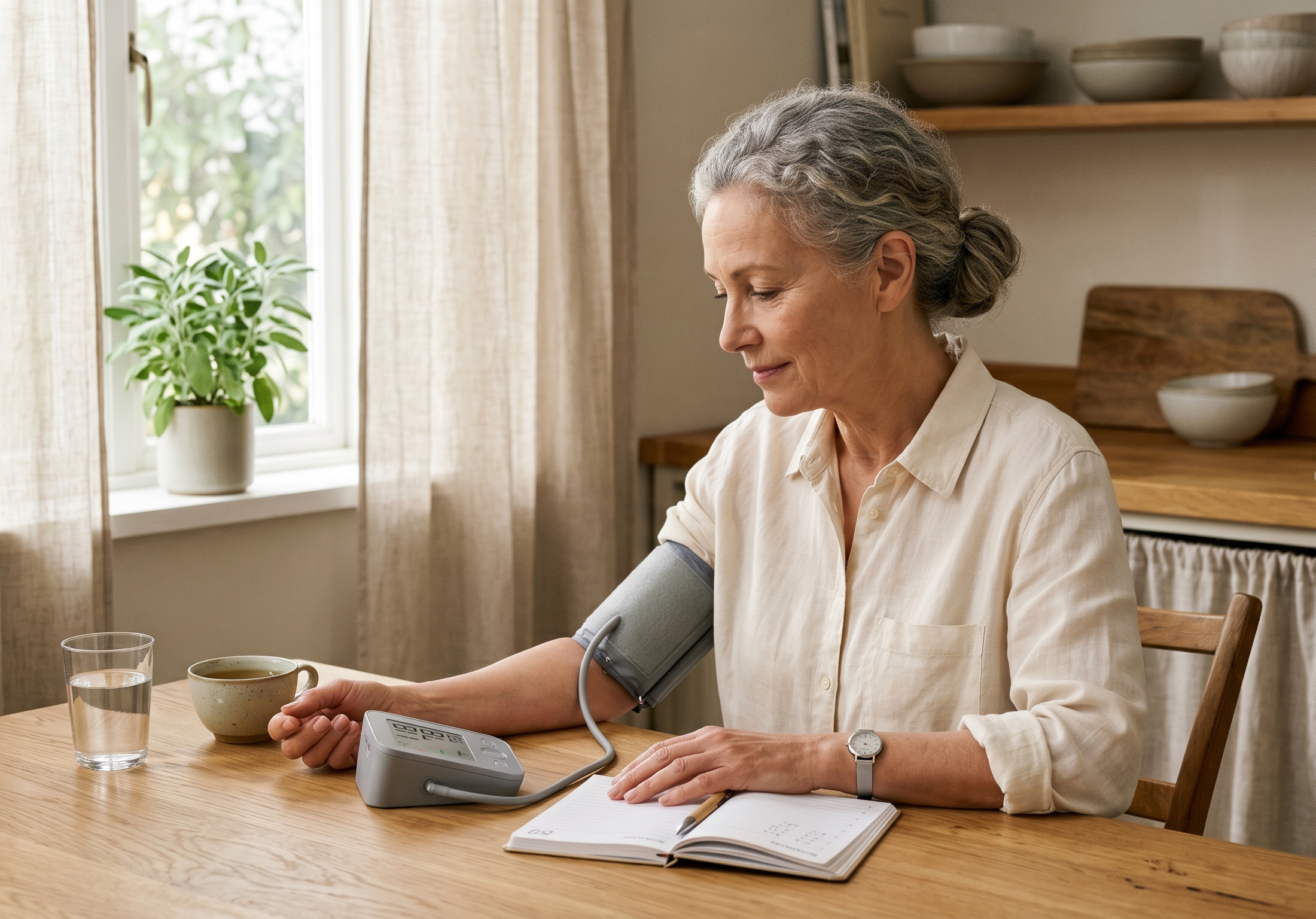 Senior woman measuring her blood pressure at home with a digital monitor, illustrating cardiovascular risks of oxymetazoline nasal sprays for older adults with hypertension