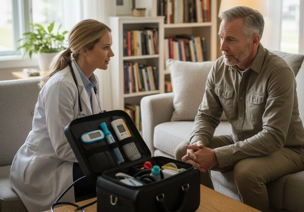 Doctor conducting an in-home medical visit, discussing care with an adult patient while using portable medical equipment