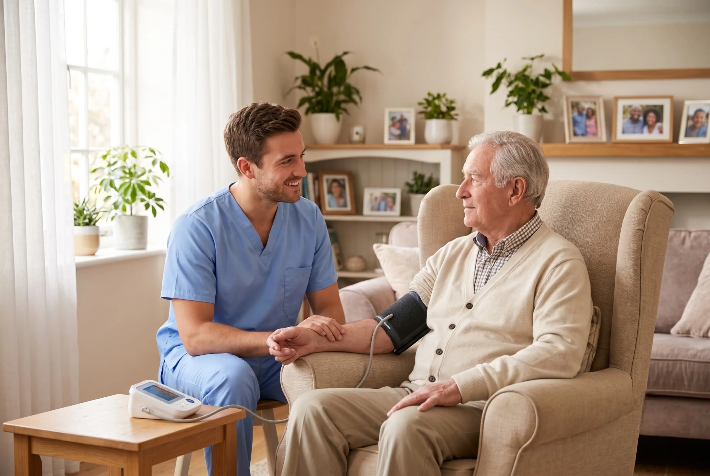 Man in blue scrubs sitting with an elderly man who has a home blood pressure monitor on his arm, in a living room