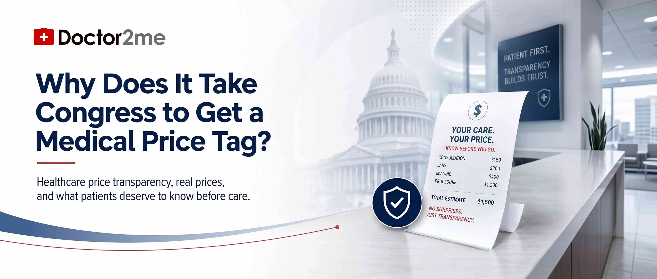 Healthcare price transparency banner with an itemized clinic price list at a reception desk and the U.S. Capitol in the background