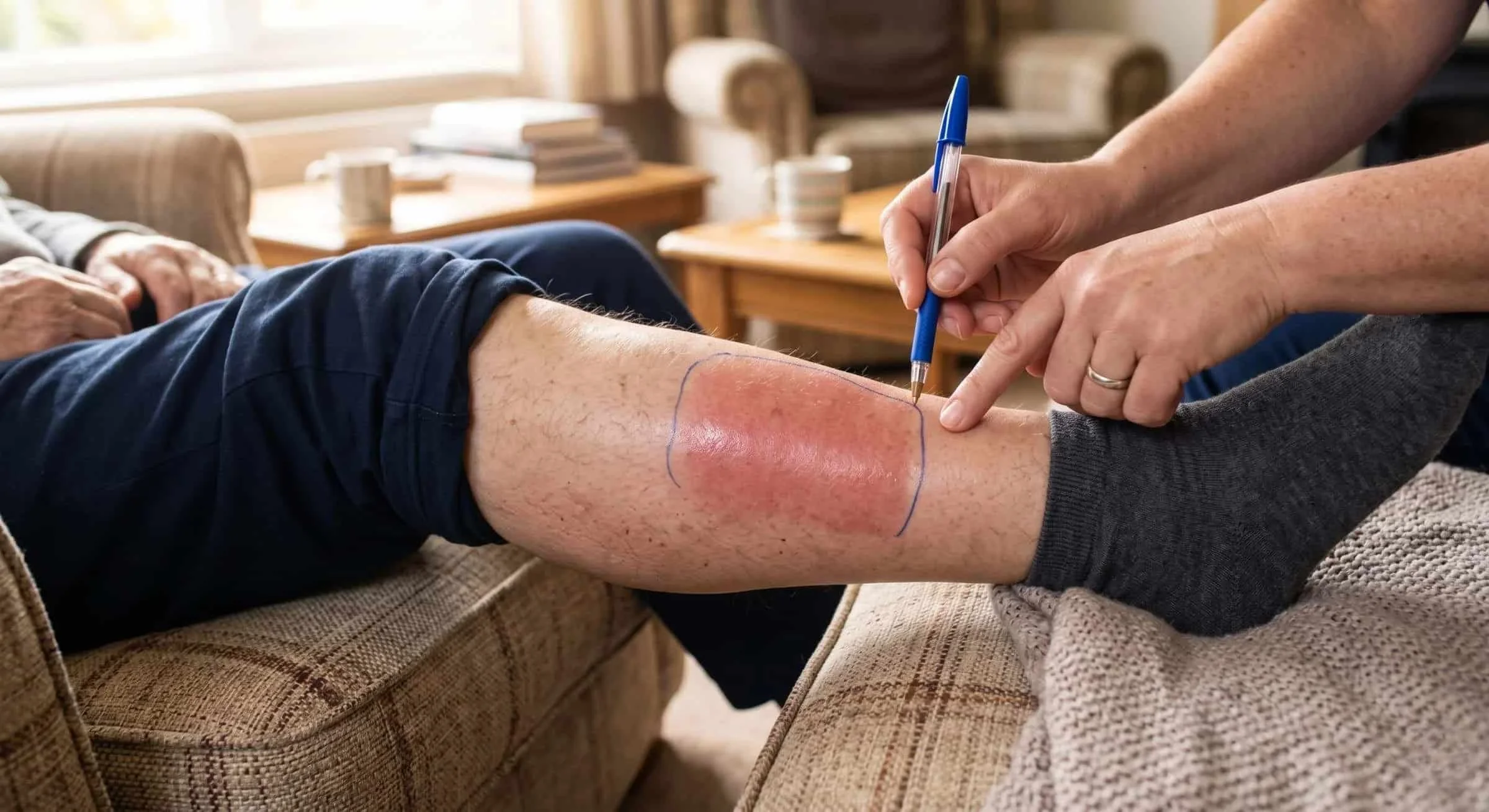 Red, swollen area of cellulitis on a senior's lower leg outlined with pen to track the infection