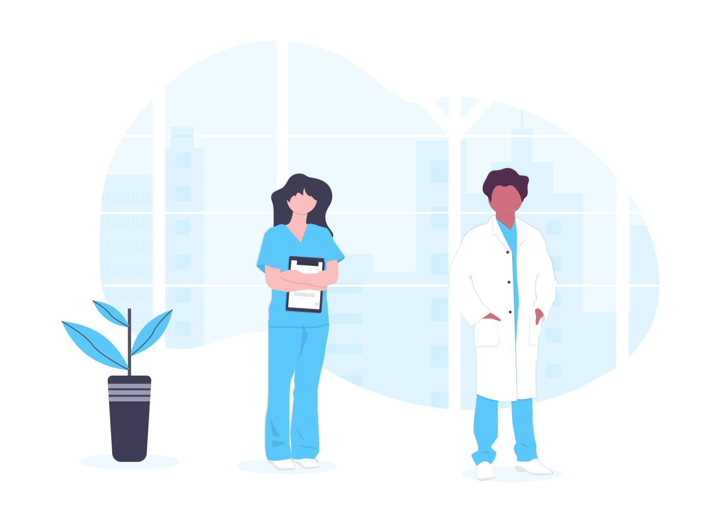 Flat illustration of two people in medical scrubs and a white coat standing near a potted plant.