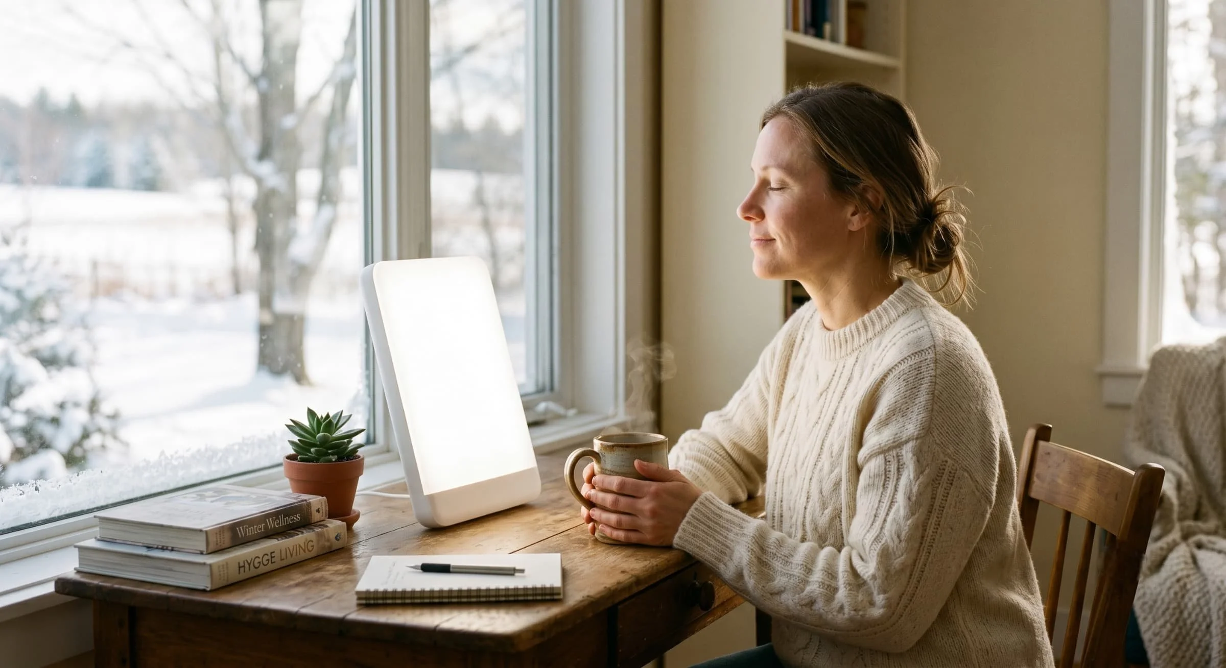 Woman sitting by a window with a bright SAD light therapy lamp on her desk, holding a warm mug of tea, with snowy winter scenery outside, representing treatment for Seasonal Affective Disorder