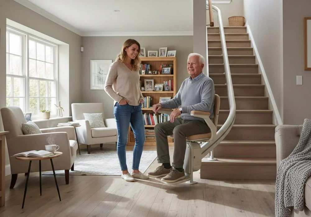Older adult seated on a stair lift at the bottom of a carpeted staircase while a caregiver stands nearby in a bright, tidy living room.