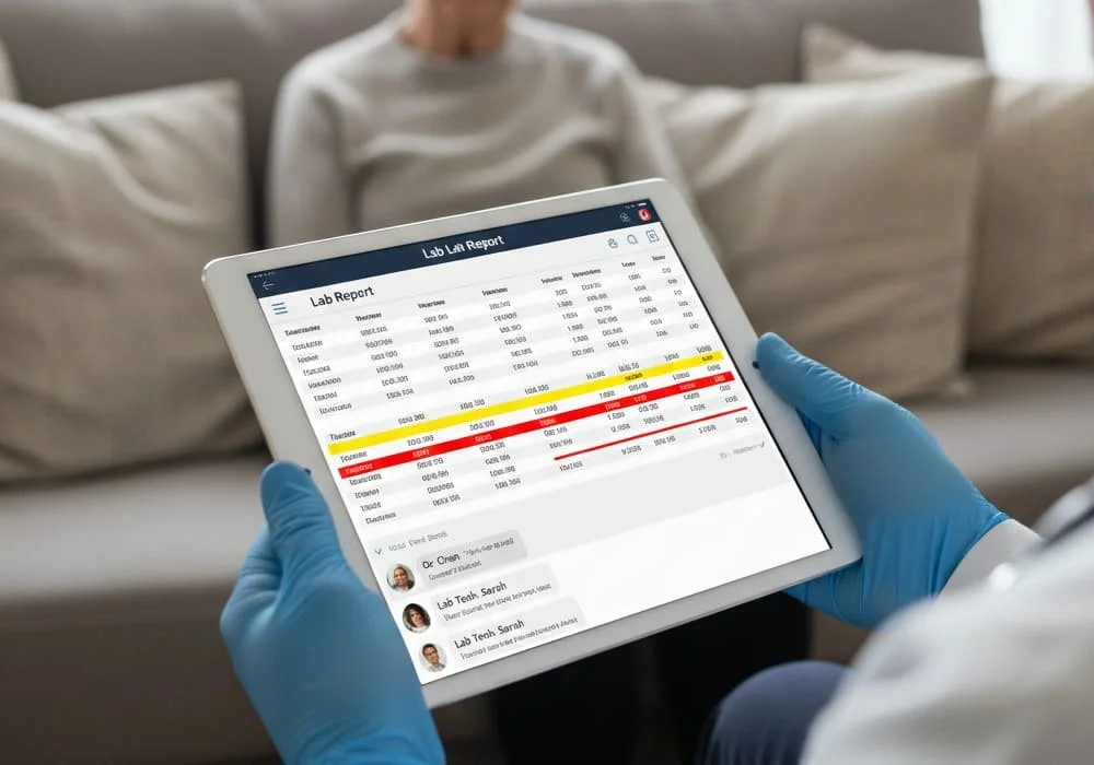 House call doctor reviewing a digital lab report on a tablet while an older patient sits on the couch at home.