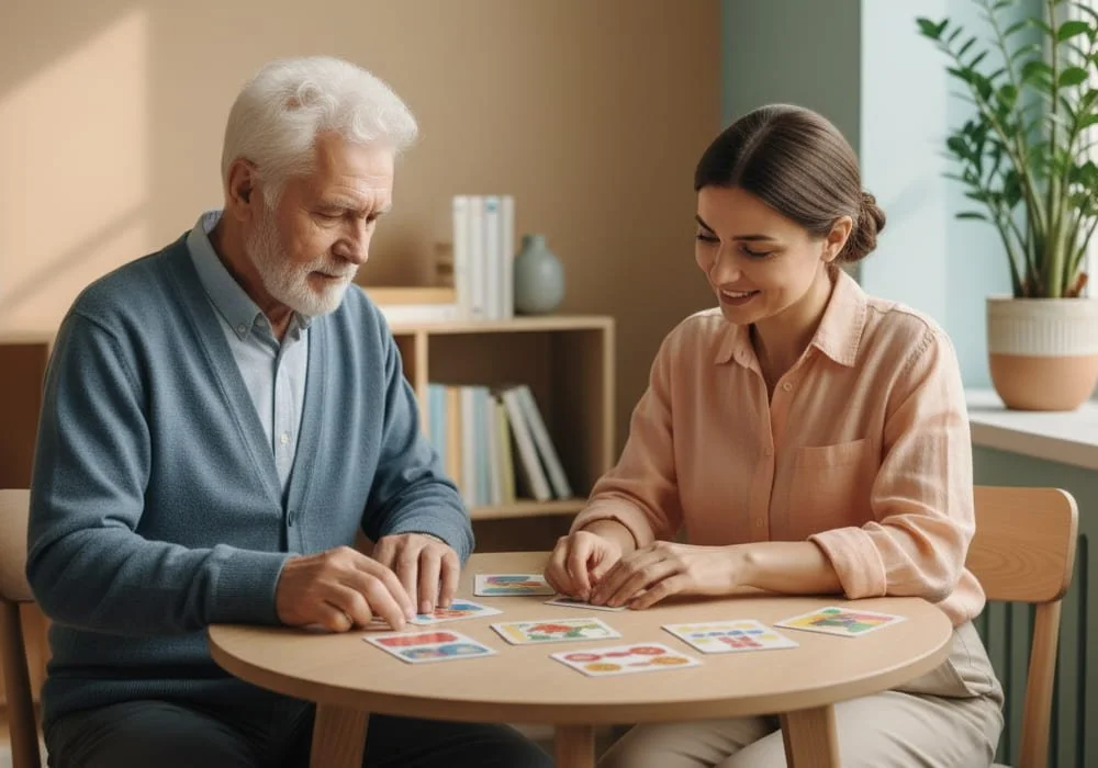 An elderly man and a female therapist sitting at a table during a cognitive therapy session, working on memory exercises with colorful cards in a bright, calm room.