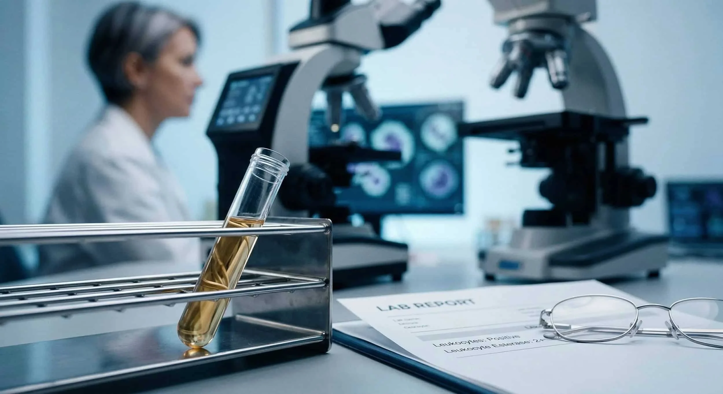 Urine sample and a lab report showing positive leukocytes during a microscopic urinalysis