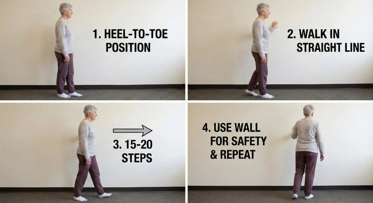 Older adult woman practicing heel-to-toe walking for balance, shown in a step-by-step instructional guide with full body visibility.