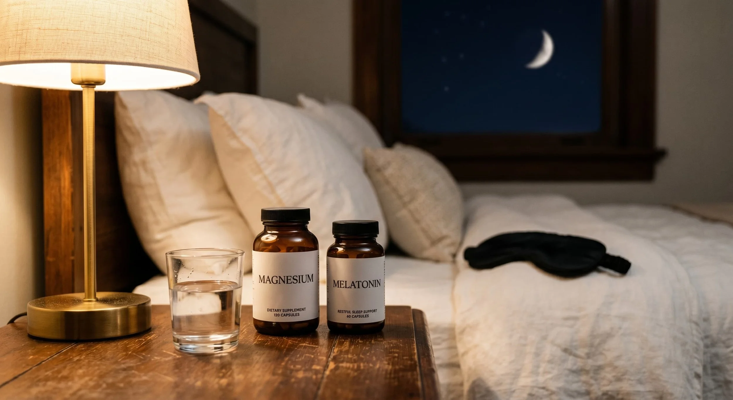 Magnesium and melatonin supplement bottles on a wooden nightstand beside a glass of water, lit by a warm bedside lamp at night, evoking restful sleep