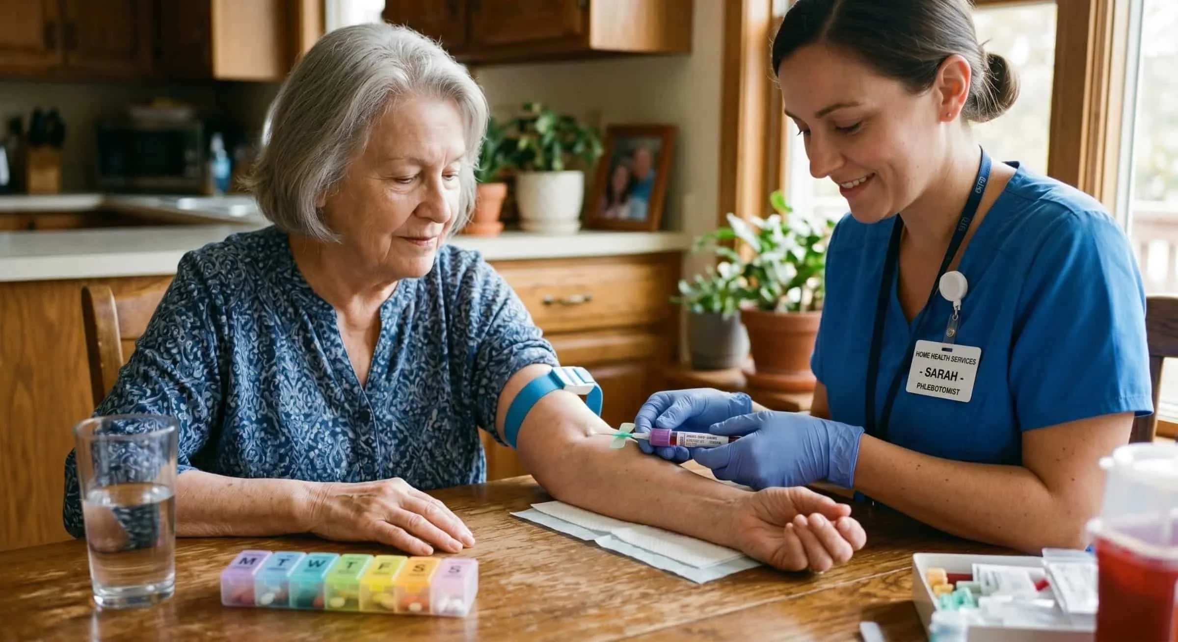 Home health phlebotomist drawing blood from an elderly woman at her kitchen table for a blood test