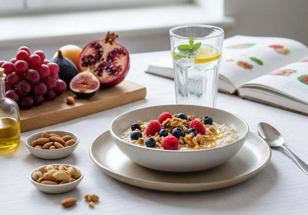 Healthy oatmeal breakfast with berries, nuts, olive oil, and water, illustrating a heart-healthy diet to help control blood pressure