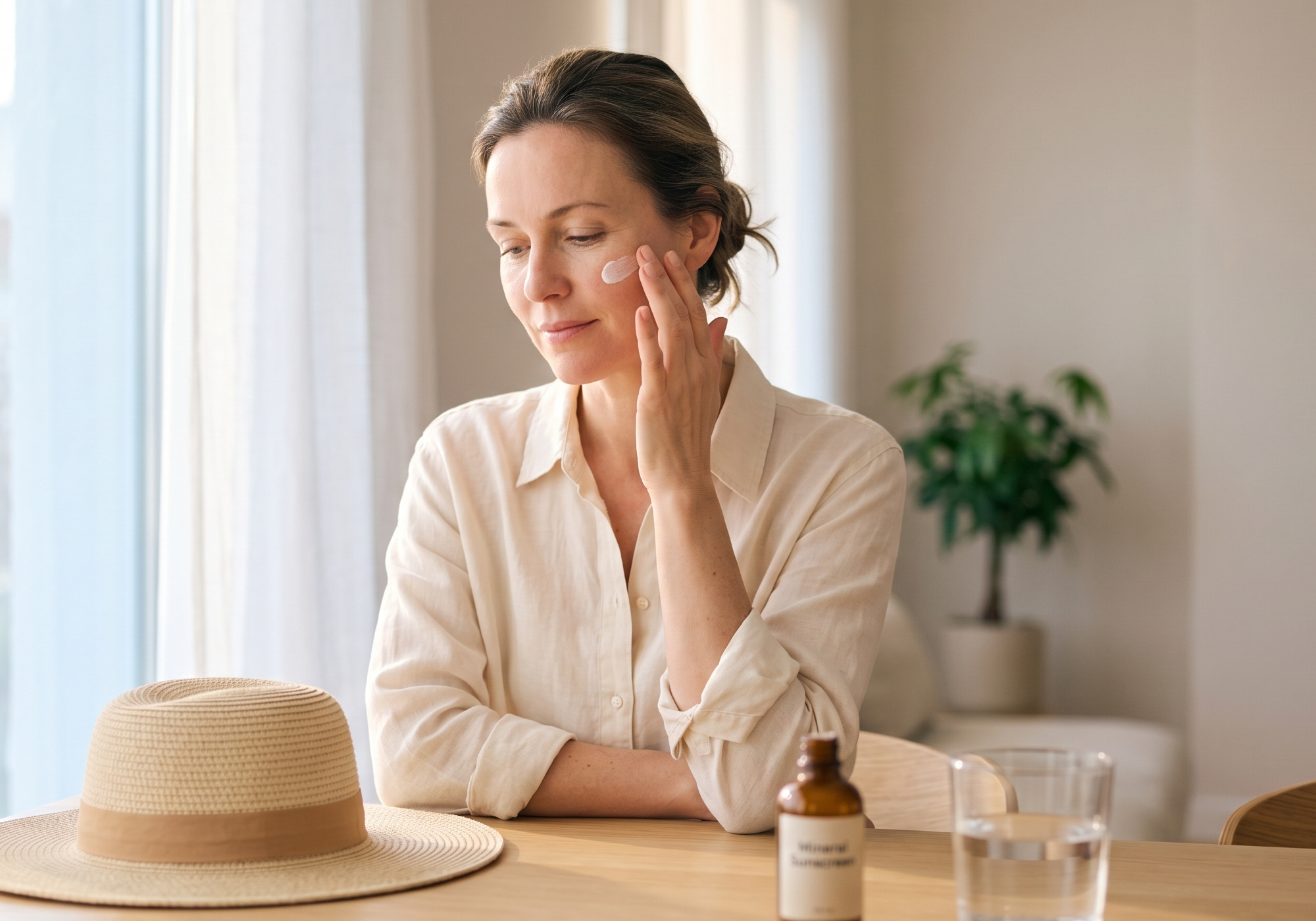 Woman in beige linen shirt applying mineral sunscreen to her cheek, with a wide-brimmed sun hat on the table — daily UV protection routine for discoid lupus skin care