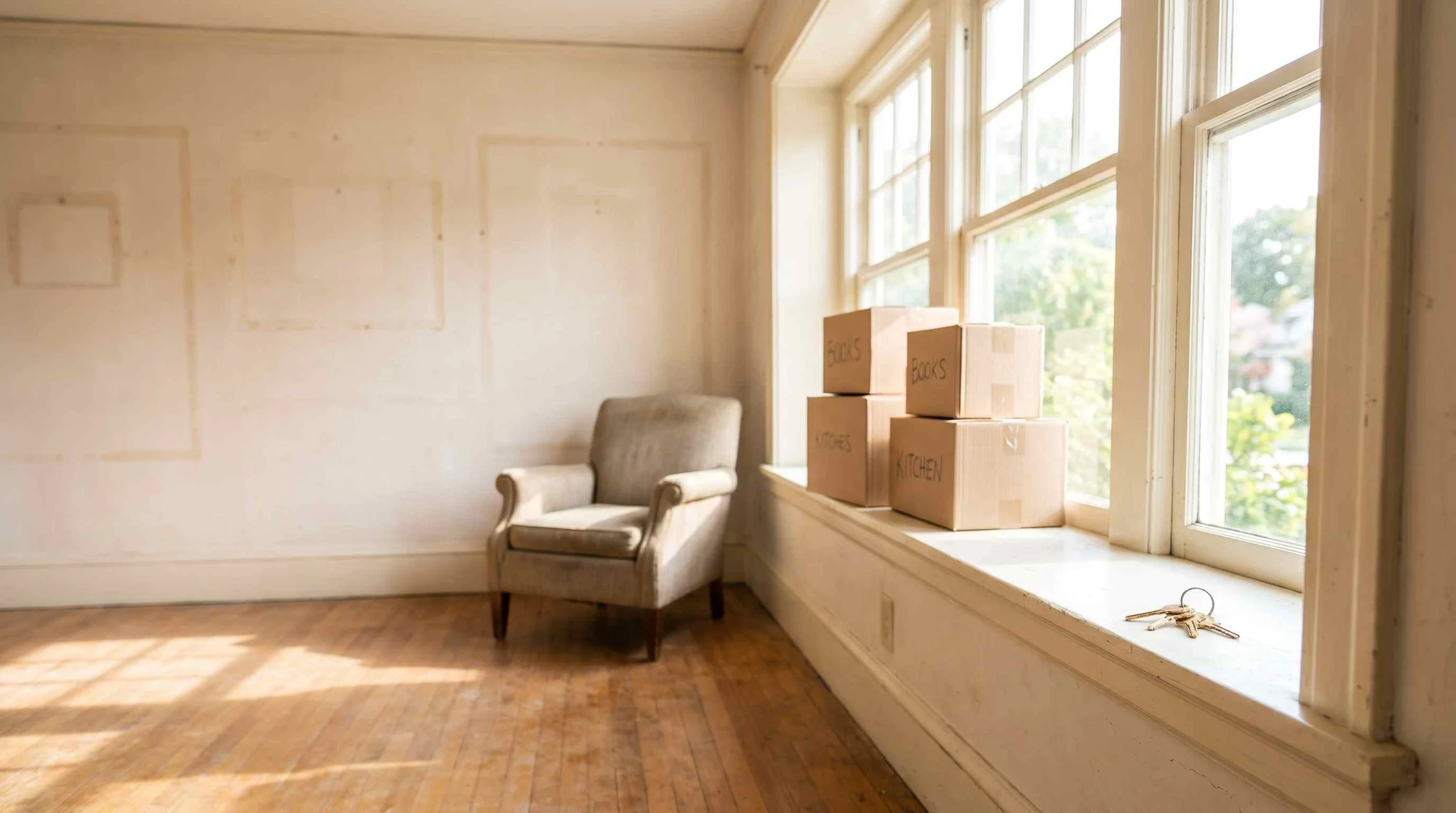 Keys and labeled boxes on a windowsill in a cleared family home before sale