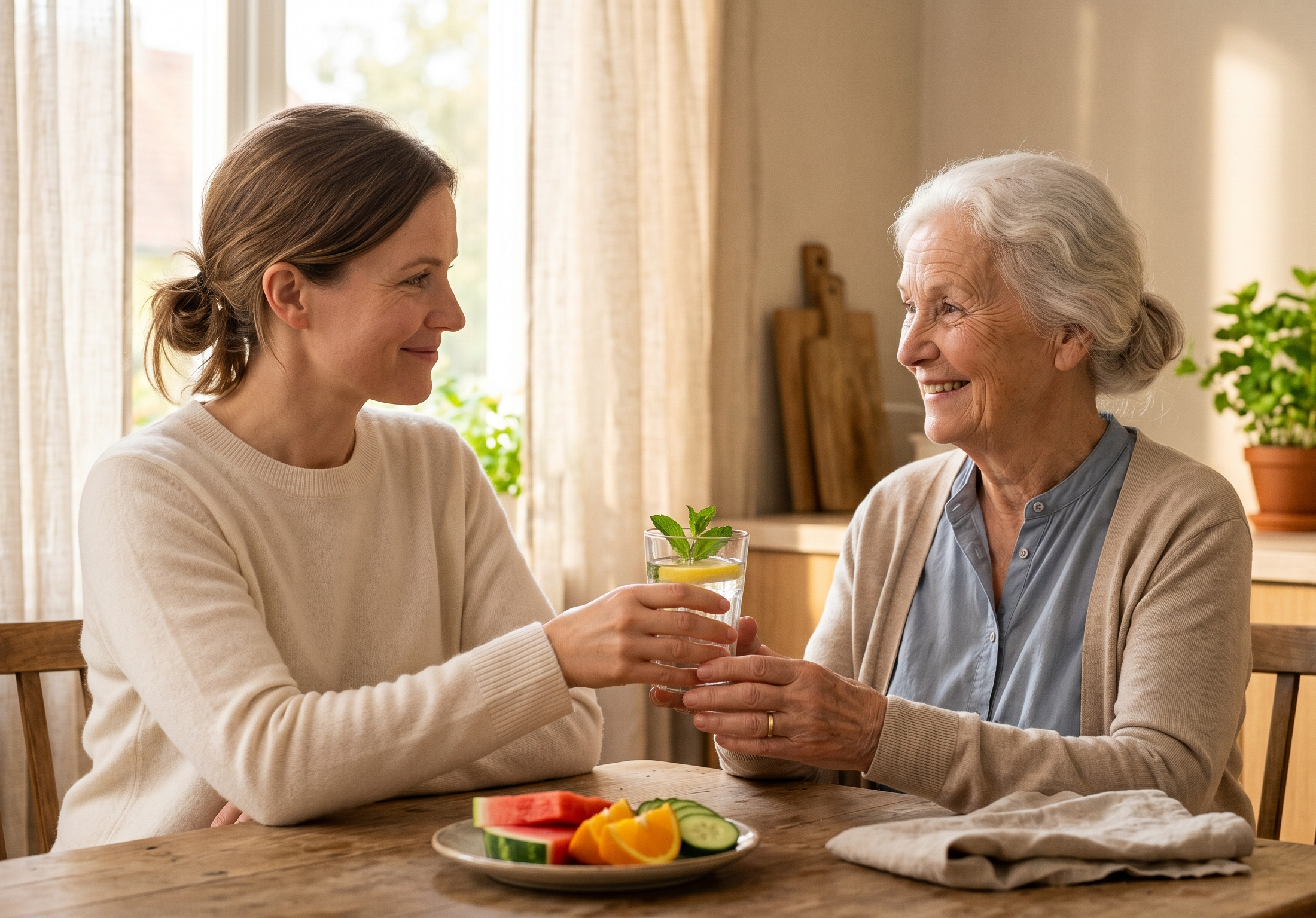 Adult daughter handing her smiling elderly mother a glass of water with lemon and mint at a sunlit kitchen table with sliced watermelon, oranges, and cucumber — preventing dehydration in seniors through daily hydration support