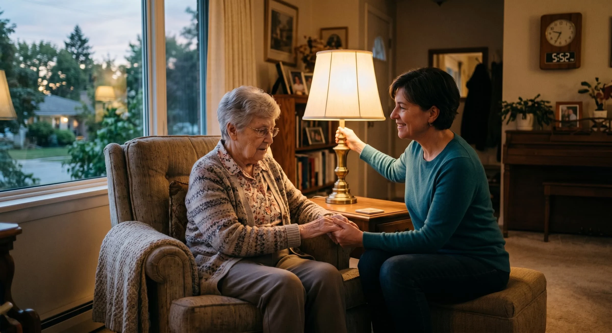 An older adult sits in a softly lit living room at dusk while a caregiver turns on a warm lamp and holds their hand to ease evening sundowning