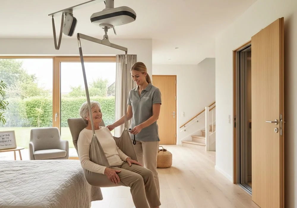 A female caregiver uses a ceiling lift system with a fabric sling to safely transfer a smiling senior woman from her bed in a bright, modern home setting.