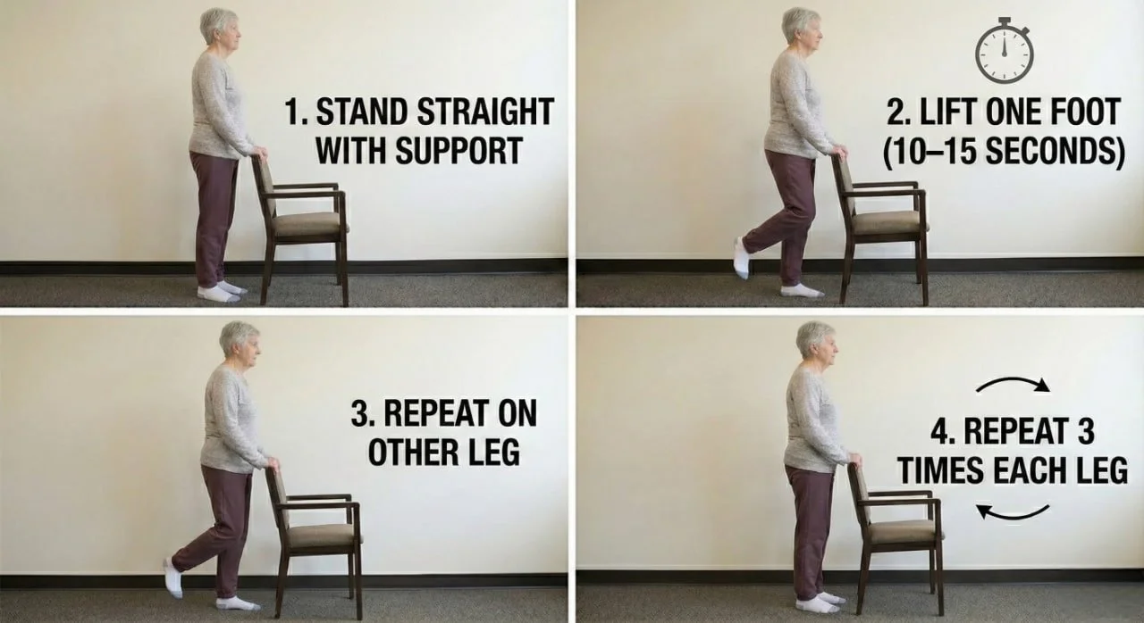 Older adult woman performing a single-leg balance exercise with chair support, shown step by step in full body view for stability training.