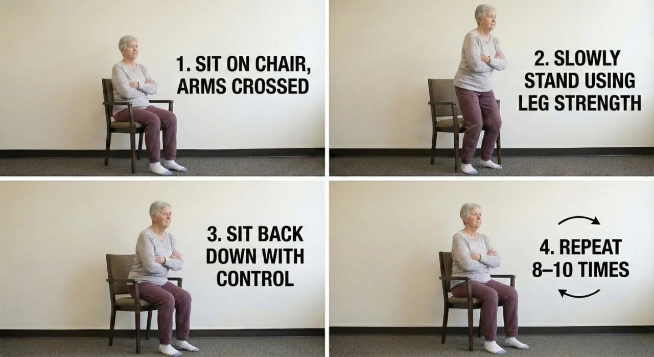 Older adult woman demonstrating sit-to-stand chair exercise with arms crossed, shown step by step to support leg strength and balance.