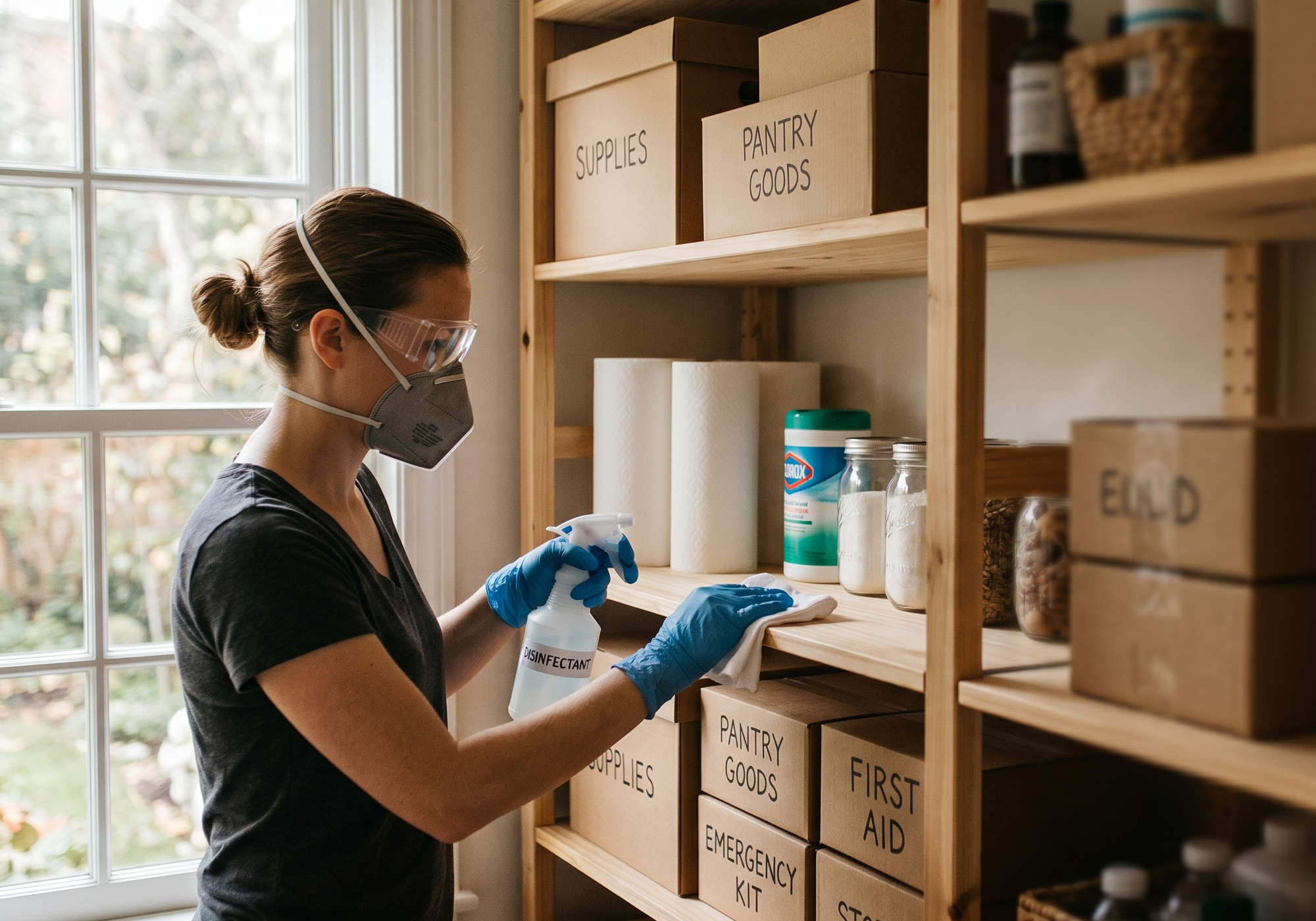 Woman in N95 respirator, goggles and gloves disinfecting pantry shelves – safe cleaning to prevent hantavirus exposure
