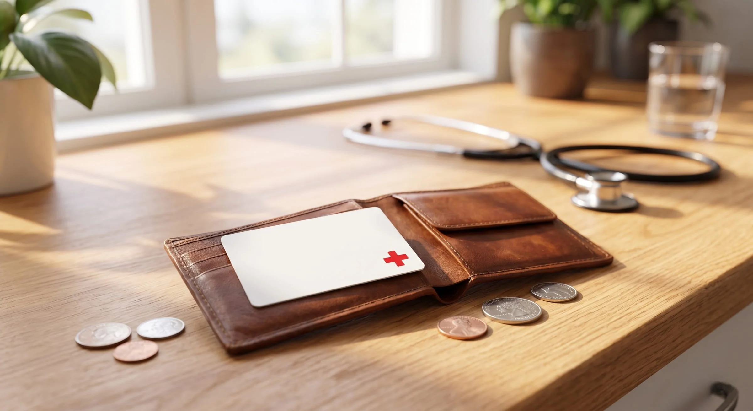 A blank medical membership card in a wallet with coins on a bright counter