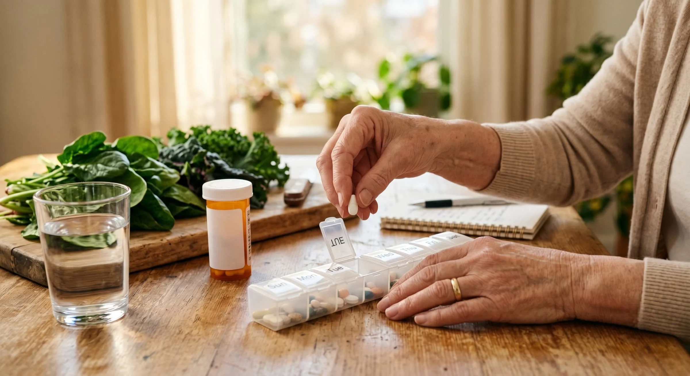 Elderly woman's hands sorting medication into a weekly pill organizer at a sunlit kitchen table beside fresh leafy greens, representing the careful balance of warfarin therapy and vitamin K intake in seniors