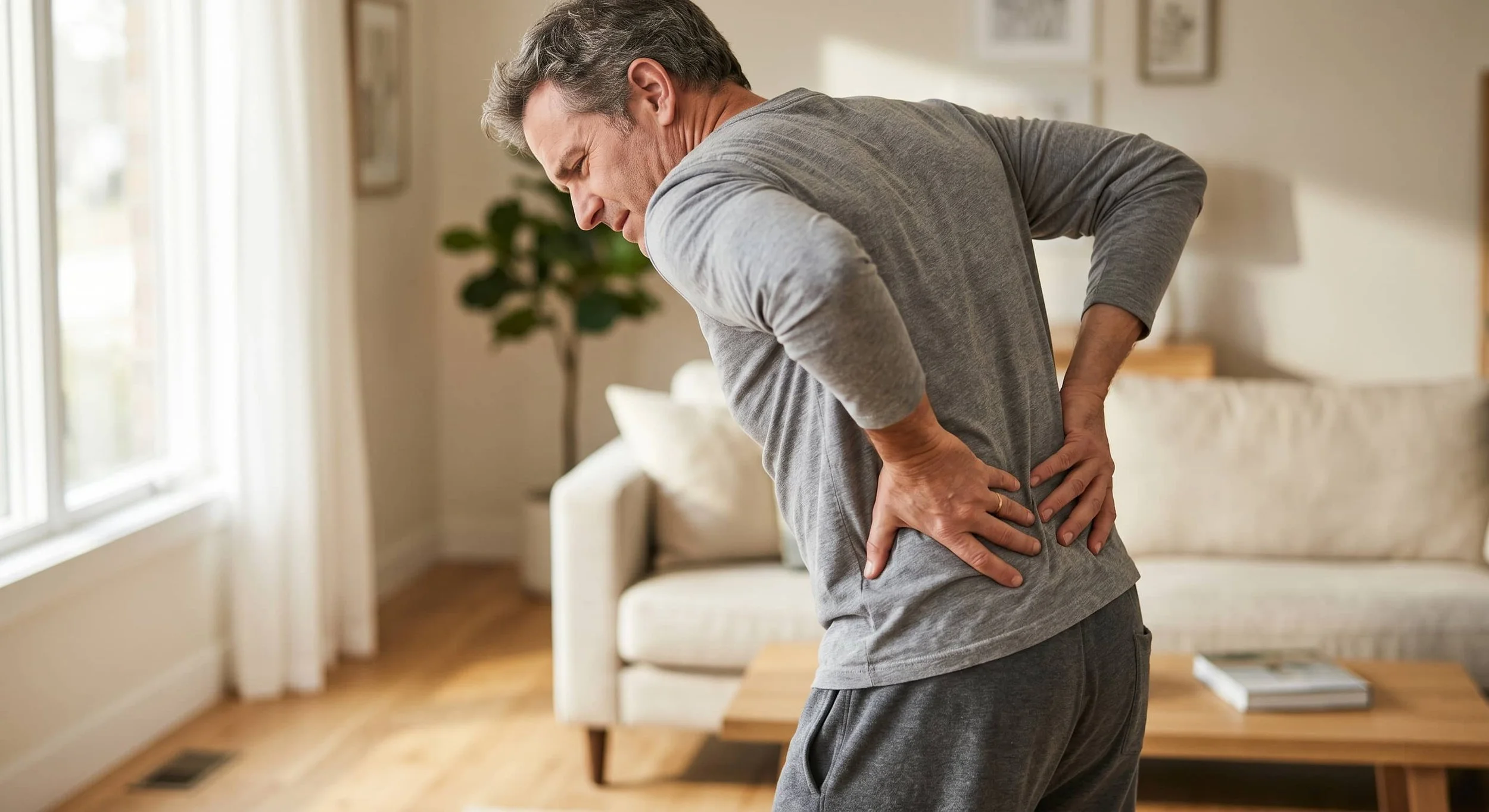 Adult standing in a sunlit home holding their lower back with both hands, showing the universal sign of low back pain and muscle strain