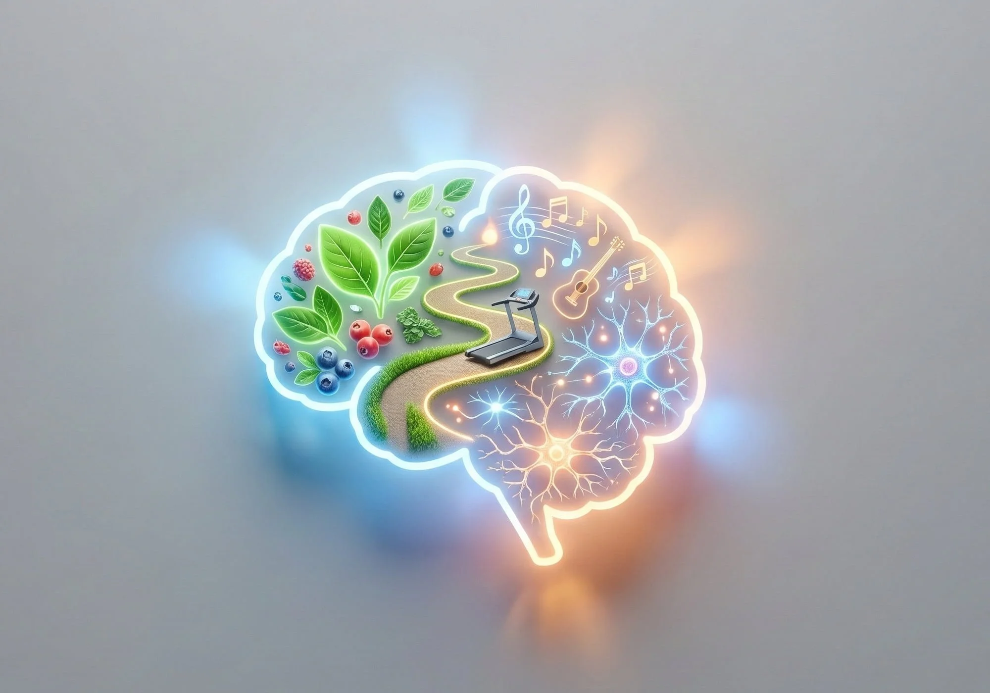 Brain health concept illustration showing nutrition, physical activity, music, and neural connections supporting cognitive wellness