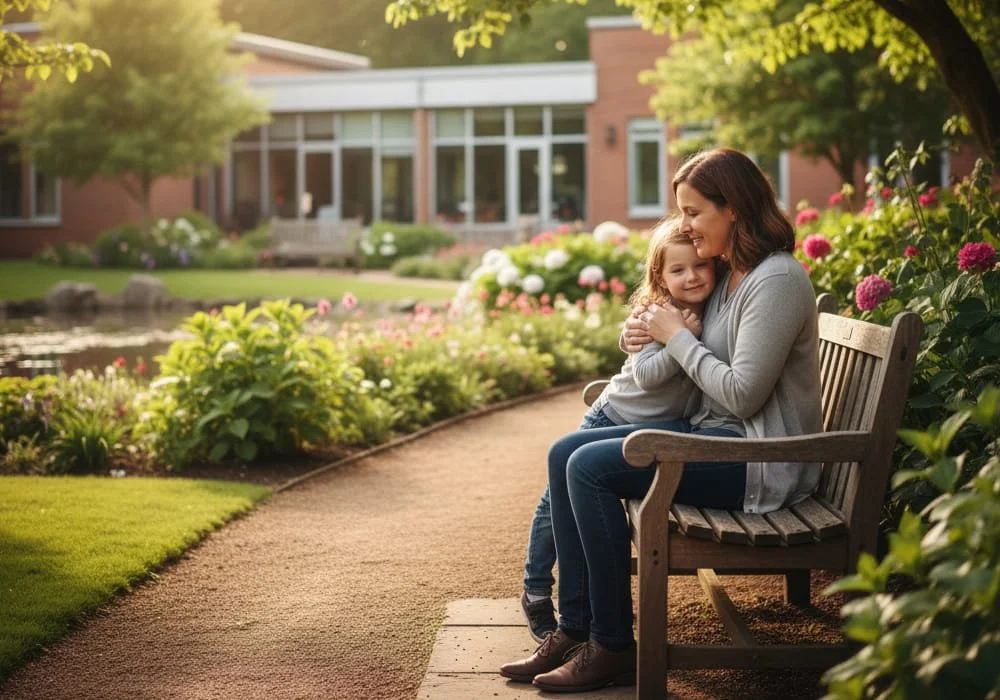Mother and young daughter sitting on a park bench, hugging and smiling in a peaceful garden with flowers and a pond in the background.