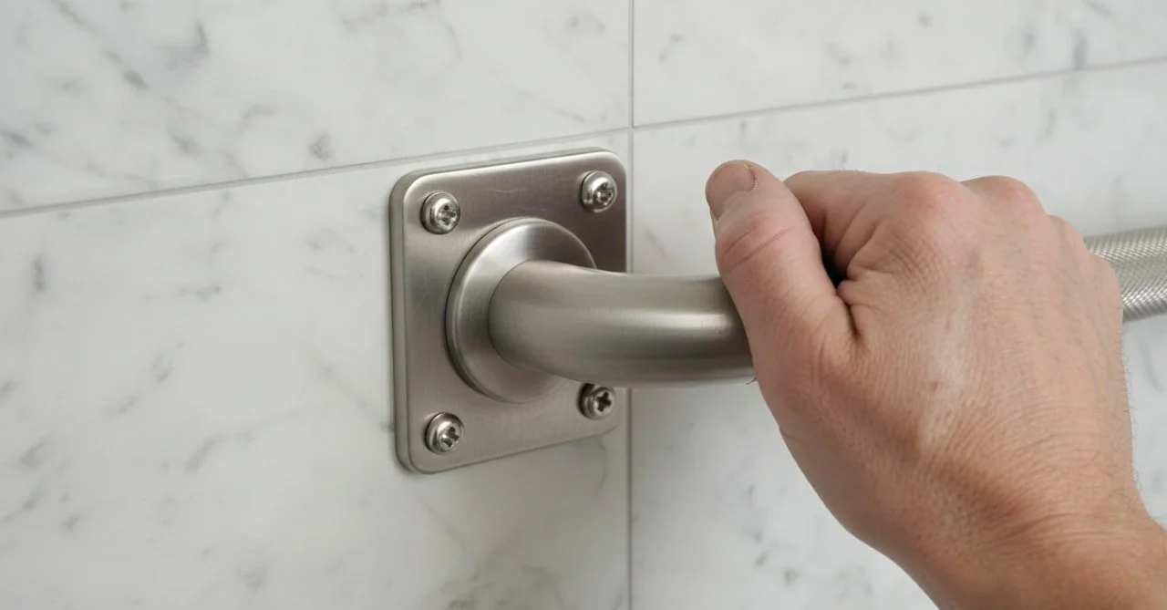Hand holding a stainless steel grab bar mounted on a tiled bathroom wall
