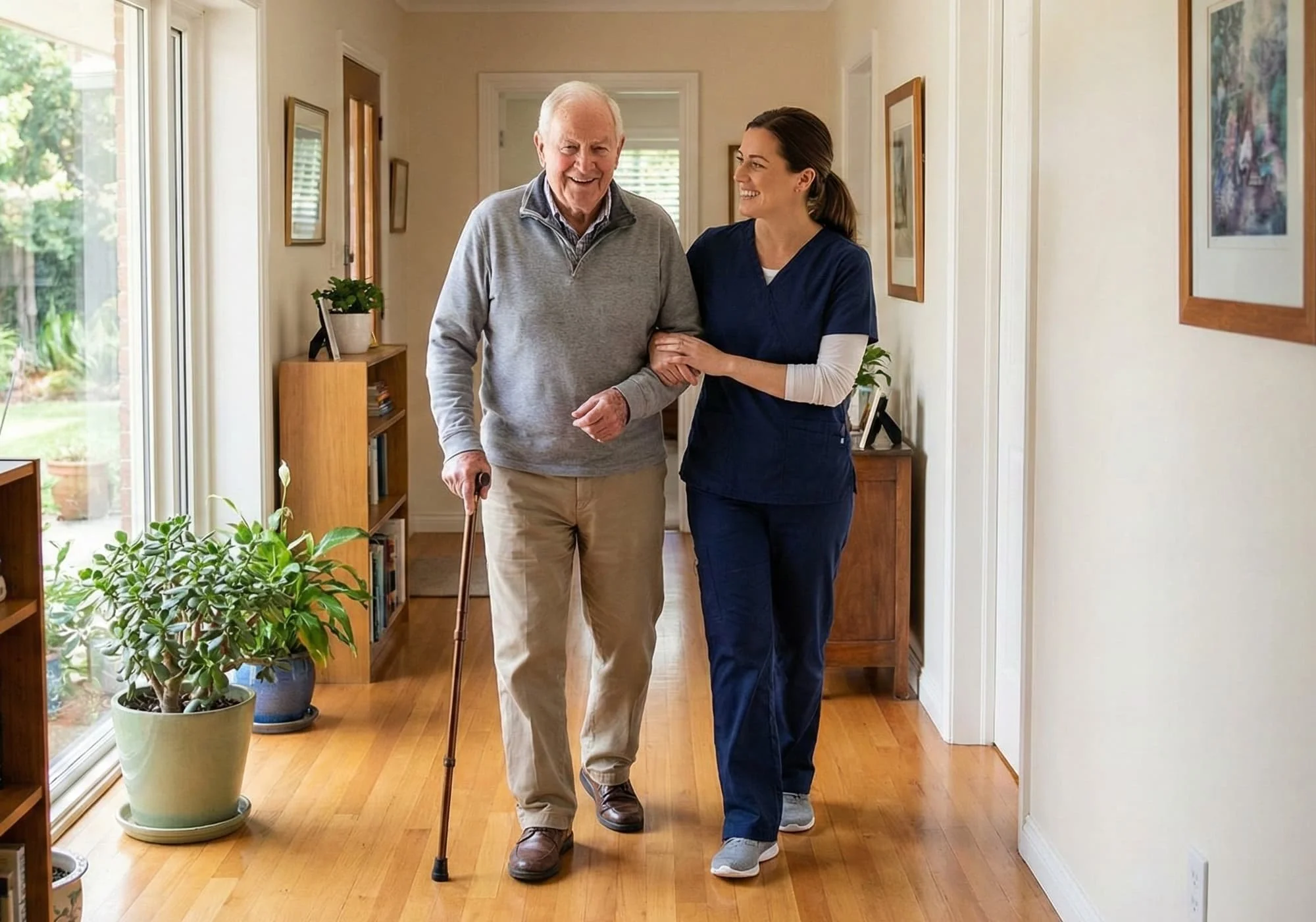 Caregiver assisting an older man with a cane while walking safely through a bright home hallway, supporting mobility and daily living activities.