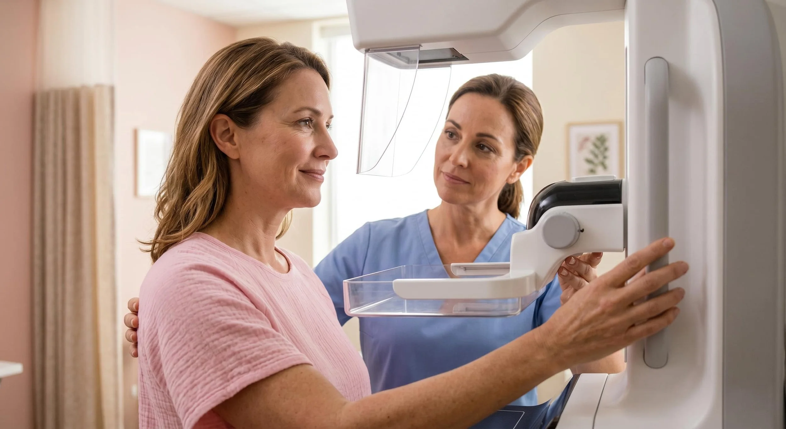 Woman in her 40s receiving a mammogram screening from a female technician in a modern imaging center, representing essential breast cancer screening for women over 40