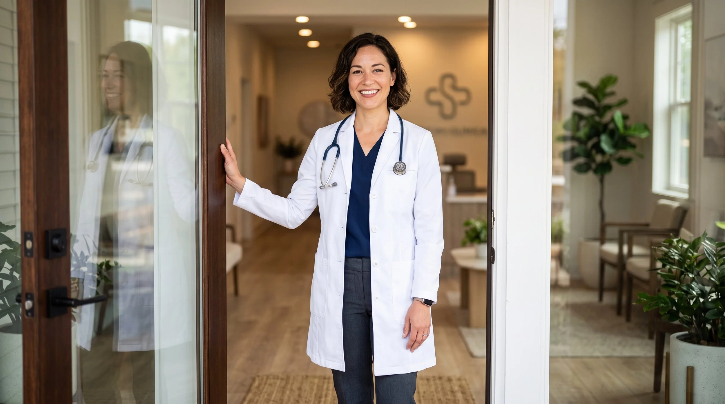 Young physician standing in the doorway of their own independent medical practice