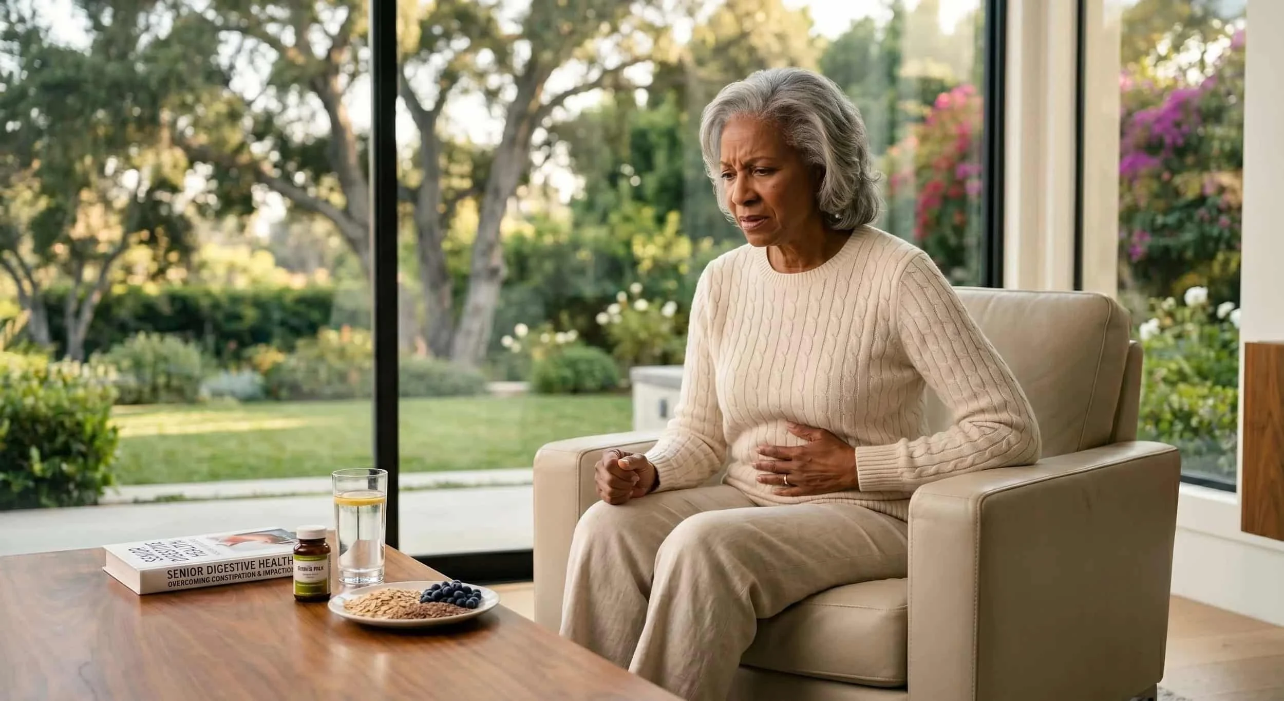 Senior woman holding her stomach in discomfort from constipation and bowel impaction at home
