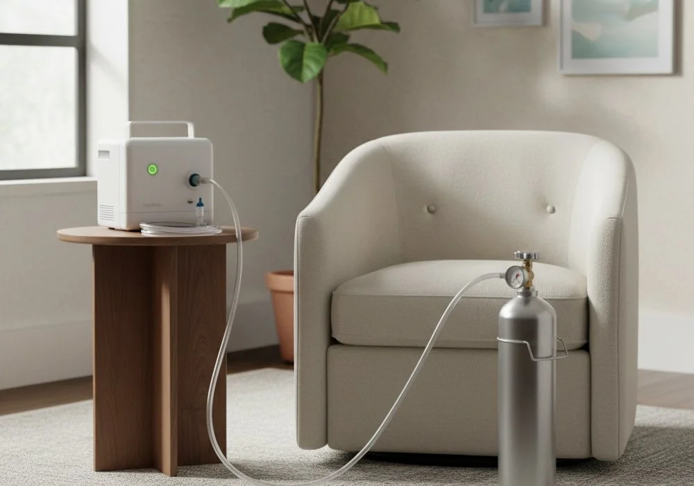 Elderly man learning to use home oxygen therapy equipment with caregiver guidance, illustrating safe and comfortable respiratory care at home.