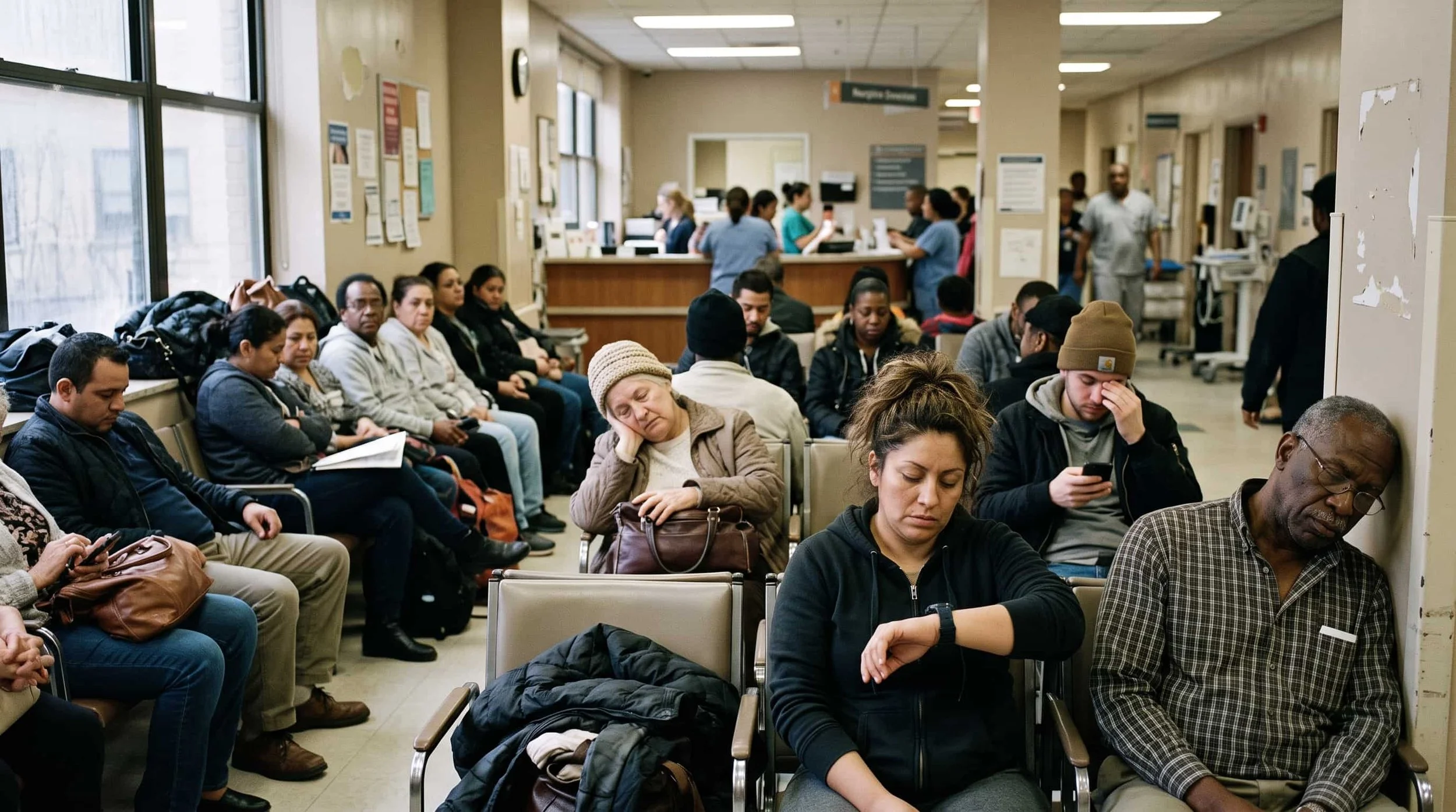 A crowded emergency room waiting area with patients facing a long wait