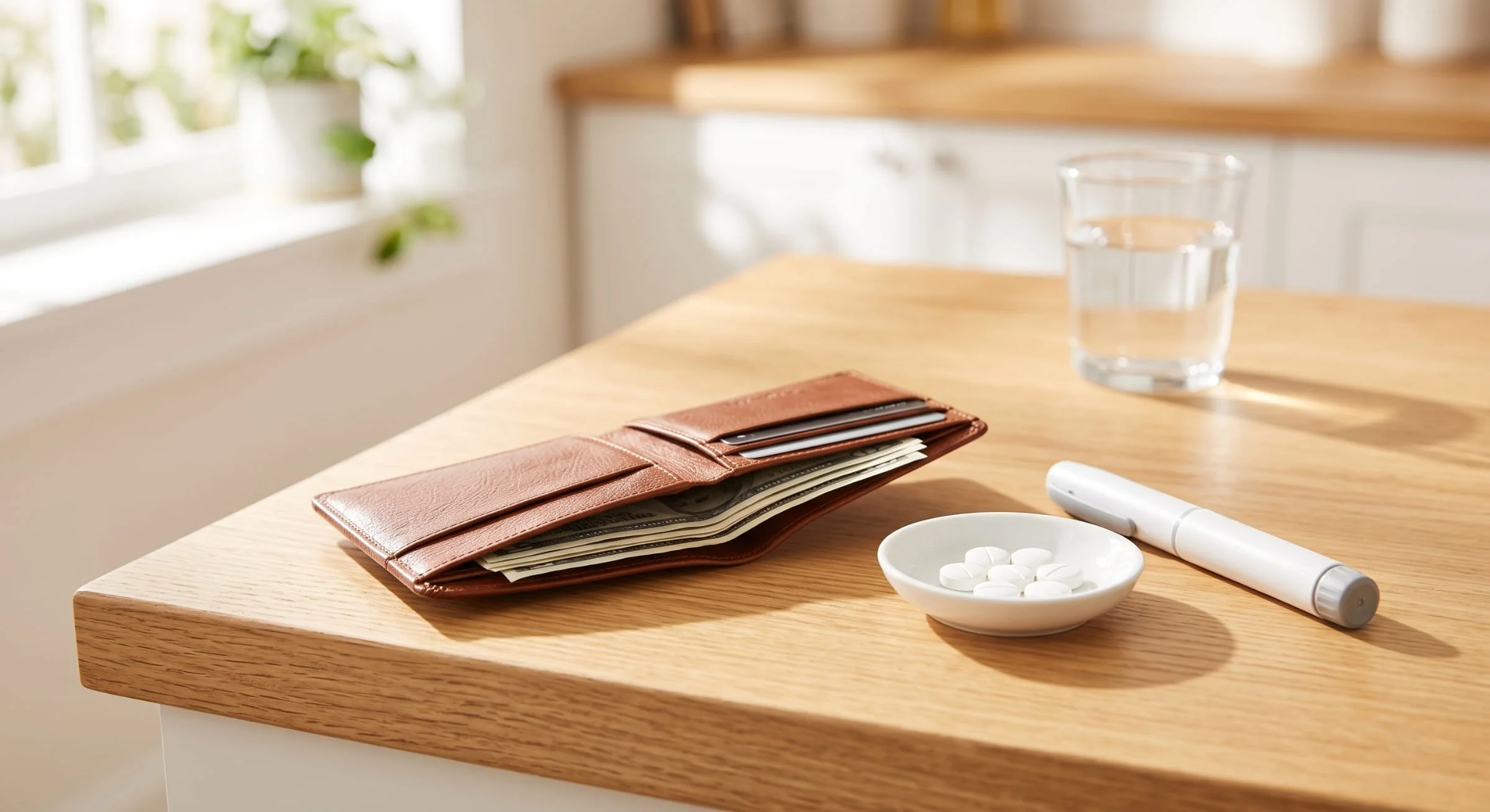 An open wallet with cash next to pills and a GLP-1 pen on a bright counter