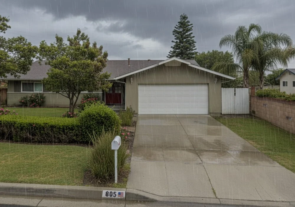 Front view of A Bradley House II assisted living home in Simi Valley, showing a single-story house with a driveway, green lawn, and rain falling on a cloudy day.