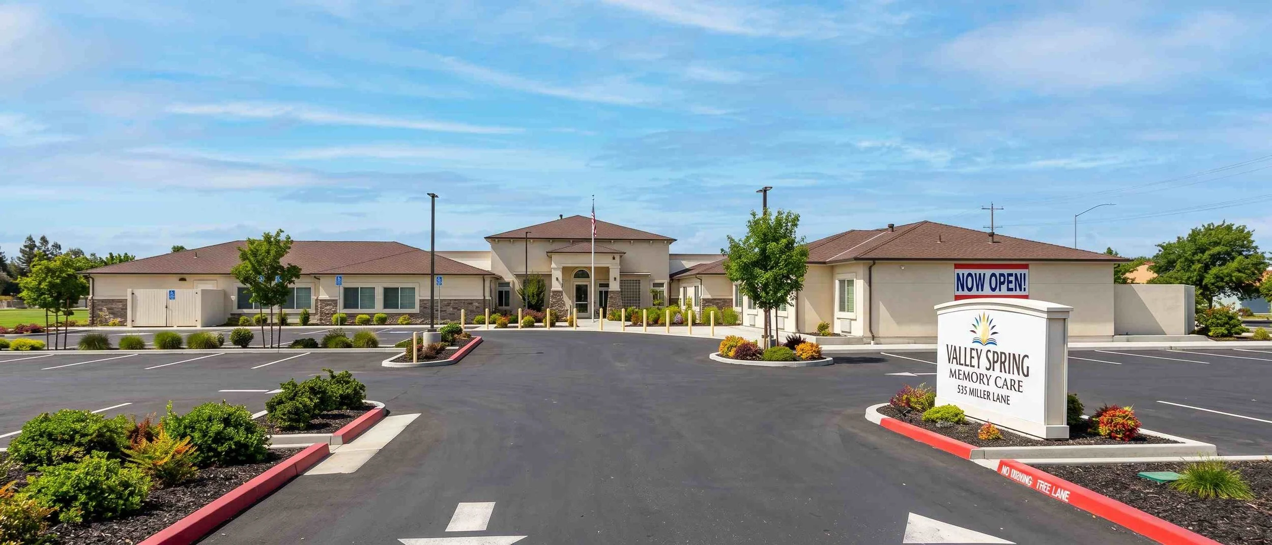 Valley Spring Memory Care building and entrance on Miller Lane in Los Banos, California