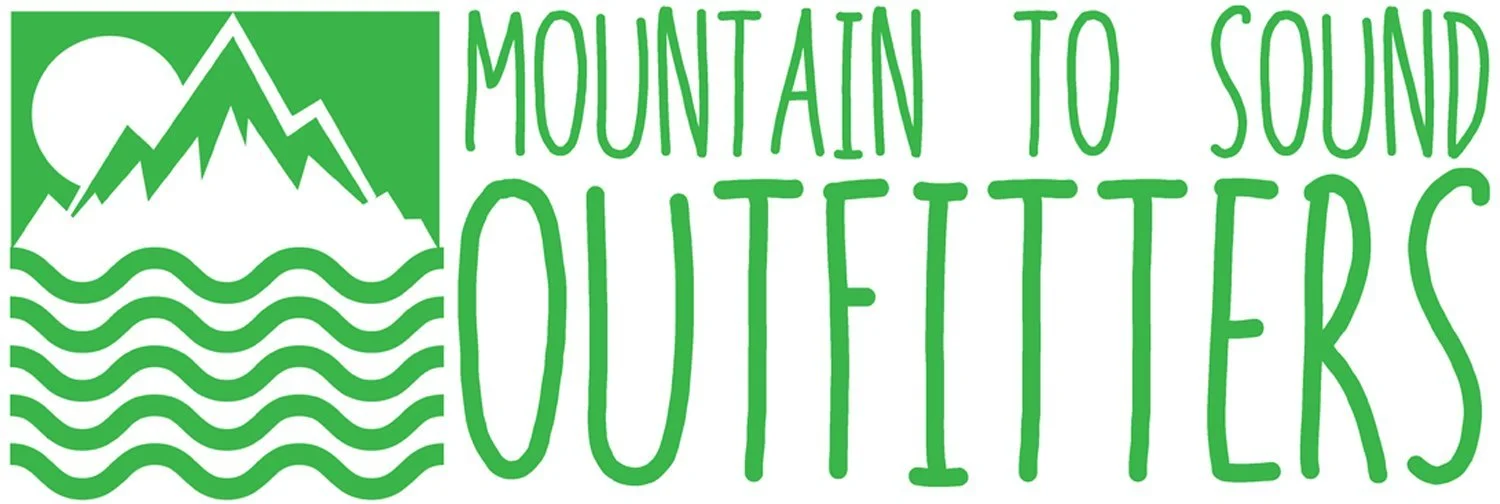 Green and white logo with mountain, river, and sun illustrations, and text that reads 'Mountain to Sound Outers' in a playful, handwritten style.