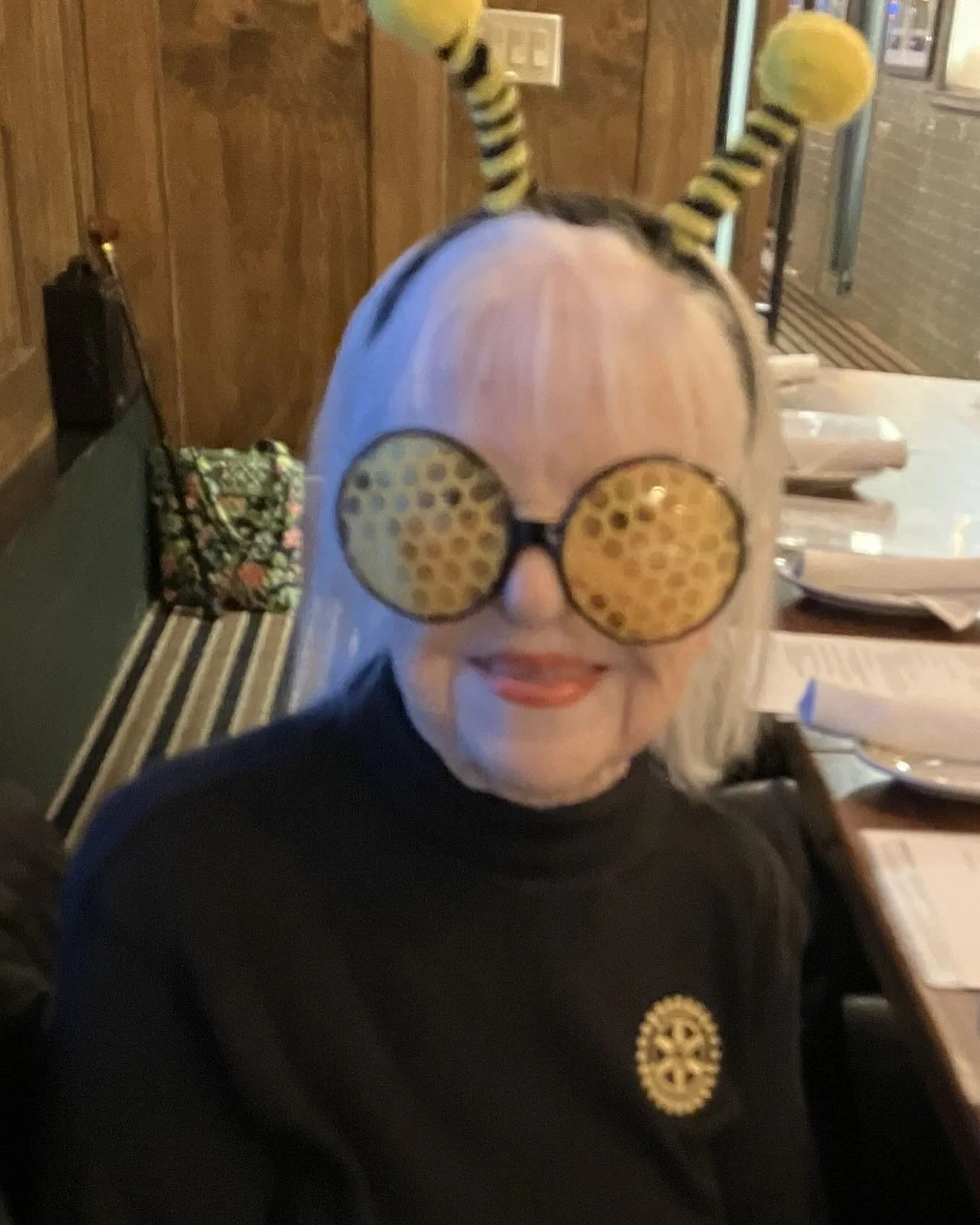 October 29, 2025: Past District Governor Bette Lewis came to our meeting dressed as a bumblebee for Halloween.
