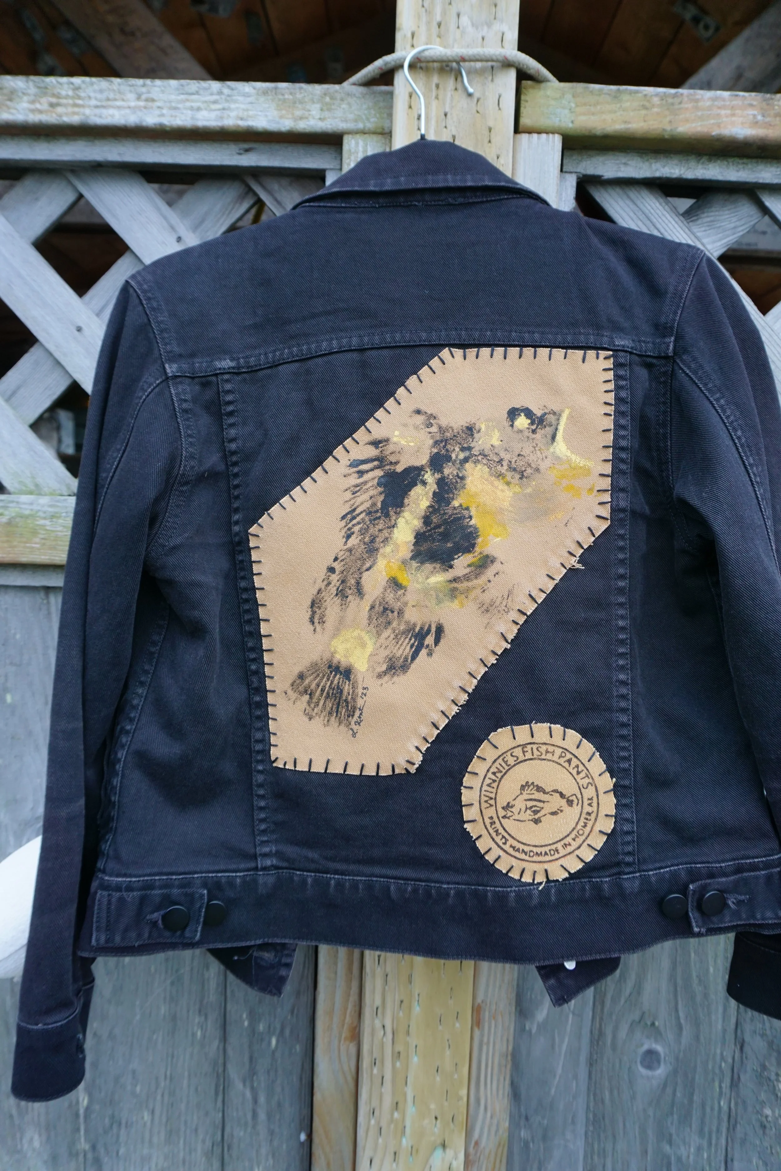 Vintage Black Denim Jacket with China Rockfish Print