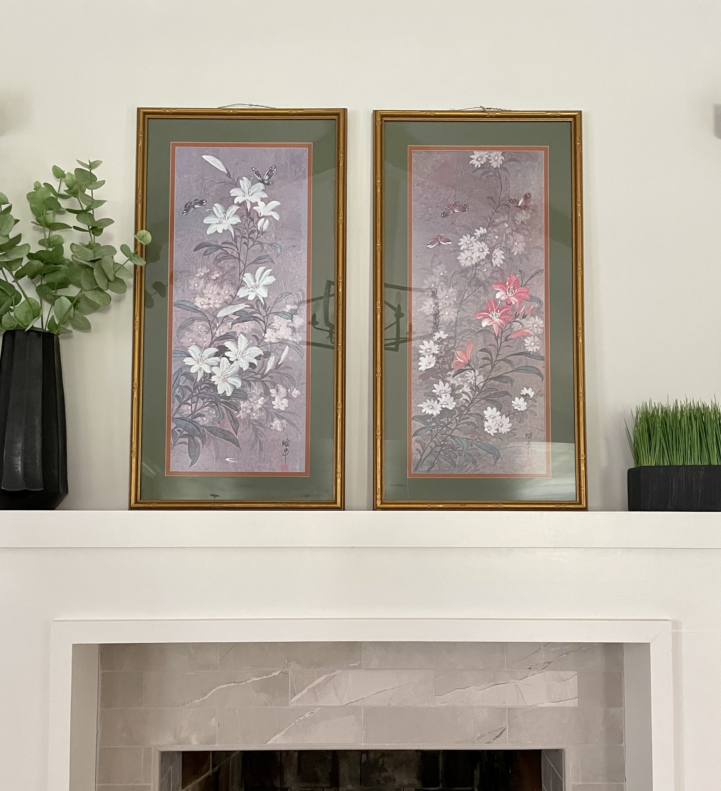 Oriental Floral Vintage Framed Art (pair)