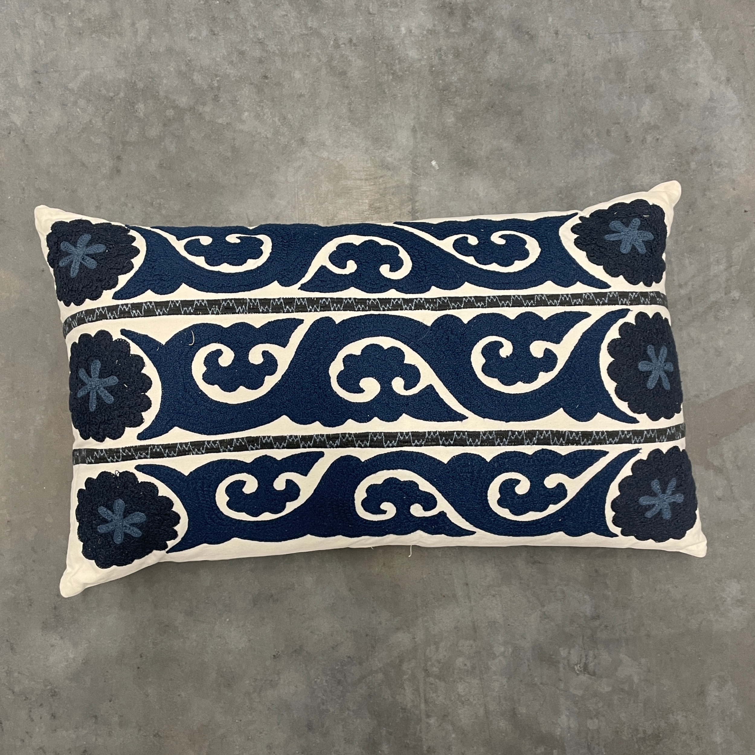 Embroidered Blue and White Lumbar Pillow
