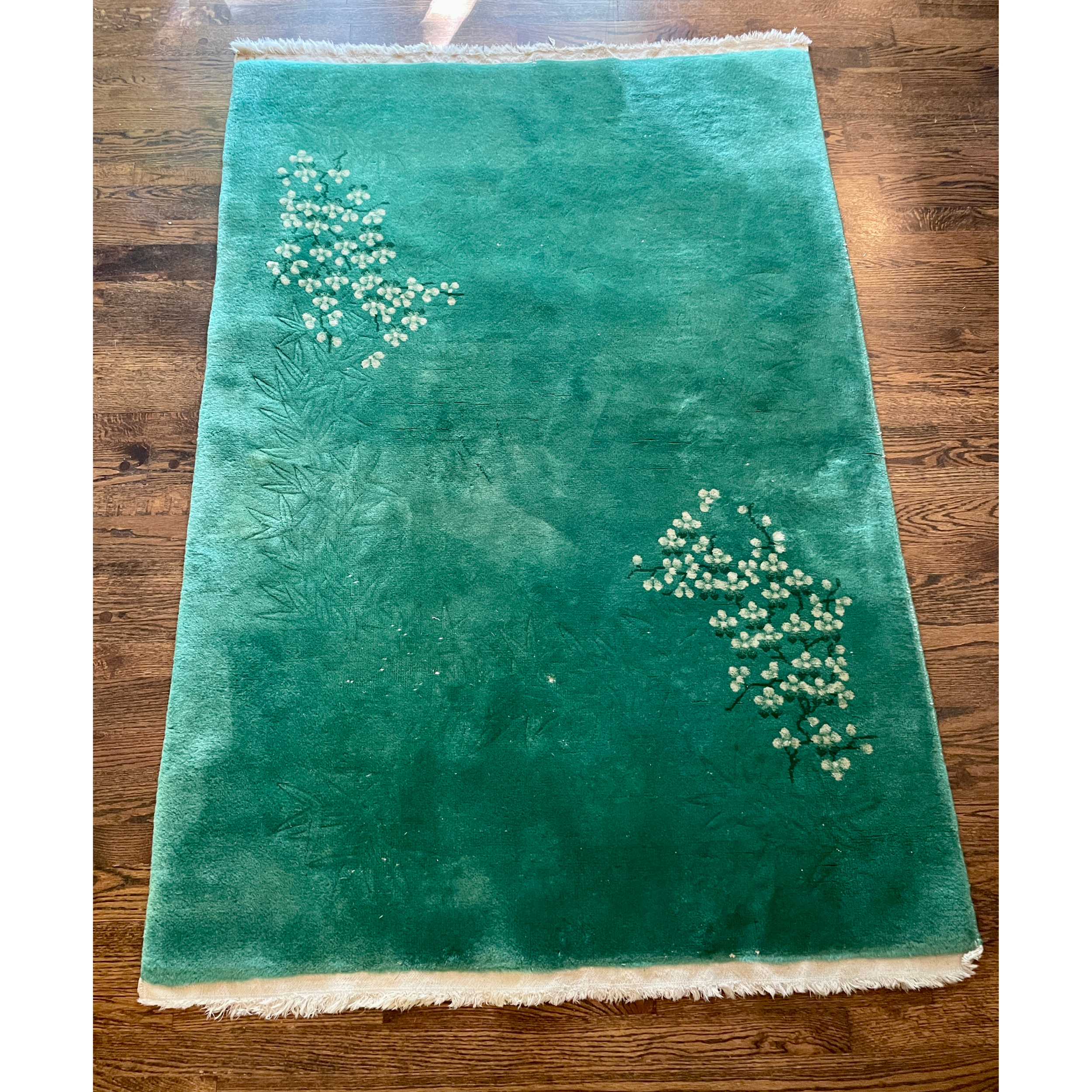 Large Vintage Chinese Emerald Green Area Rug