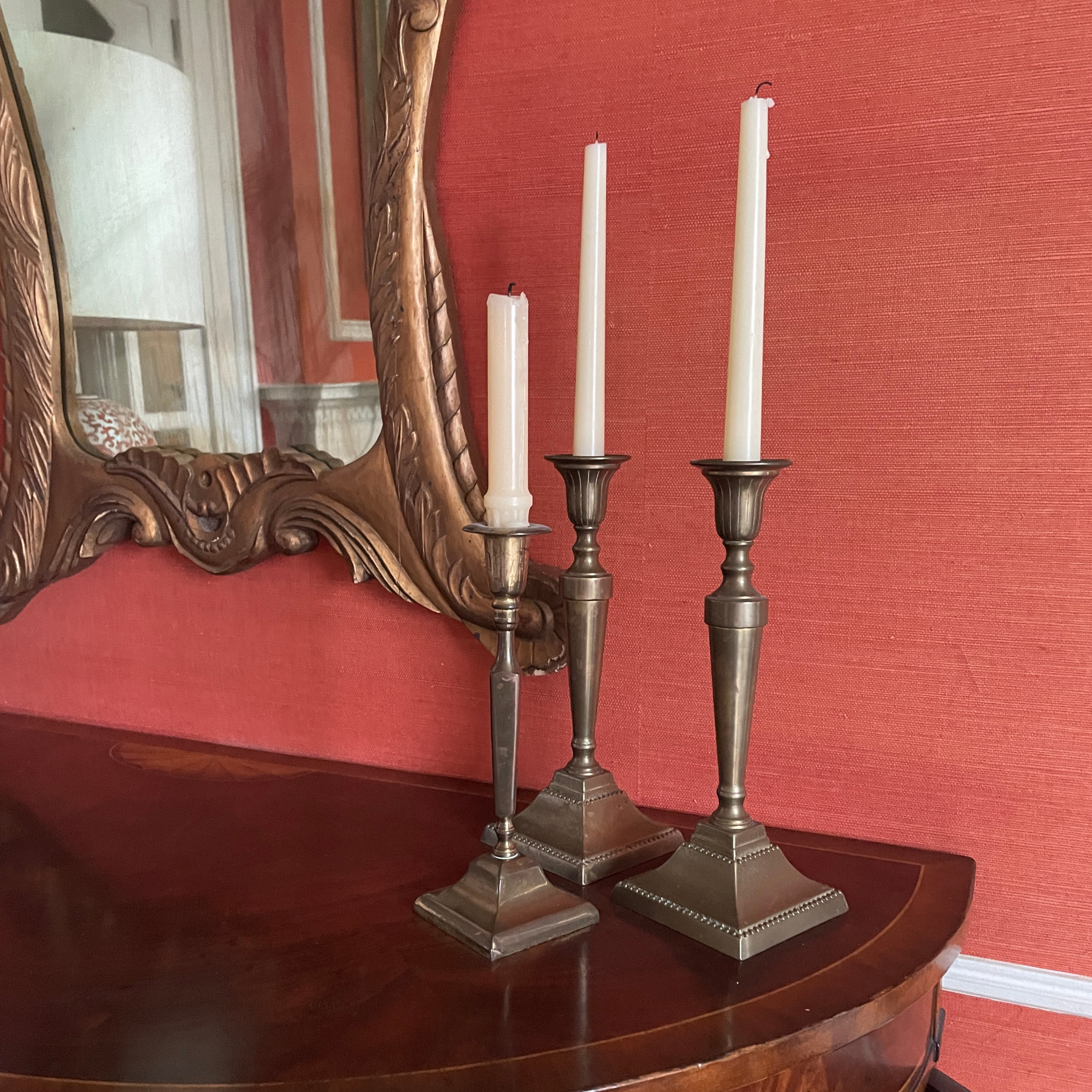 Trio of Aged Brass Candlestick Holders
