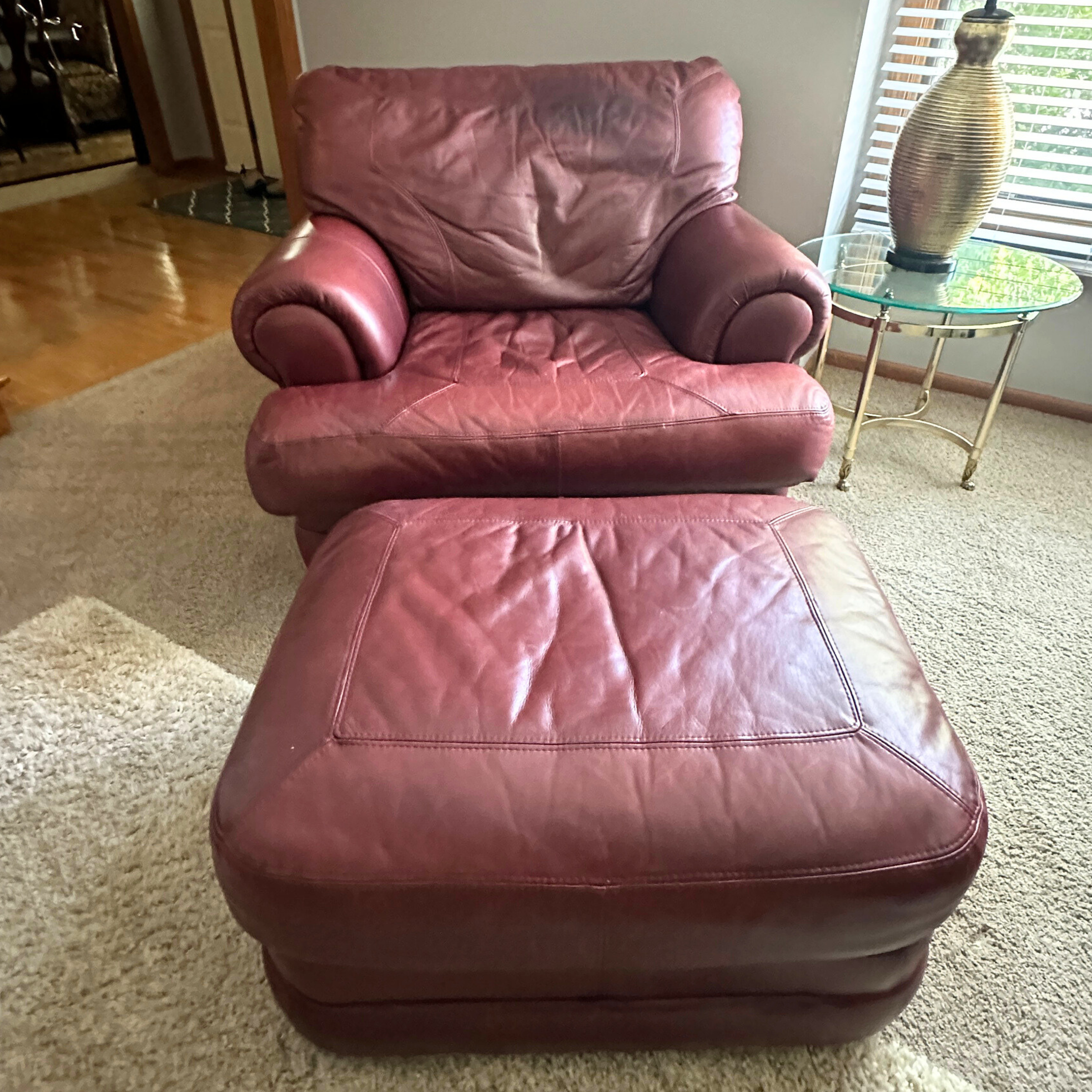 Burgundy Leather Chair with Ottoman