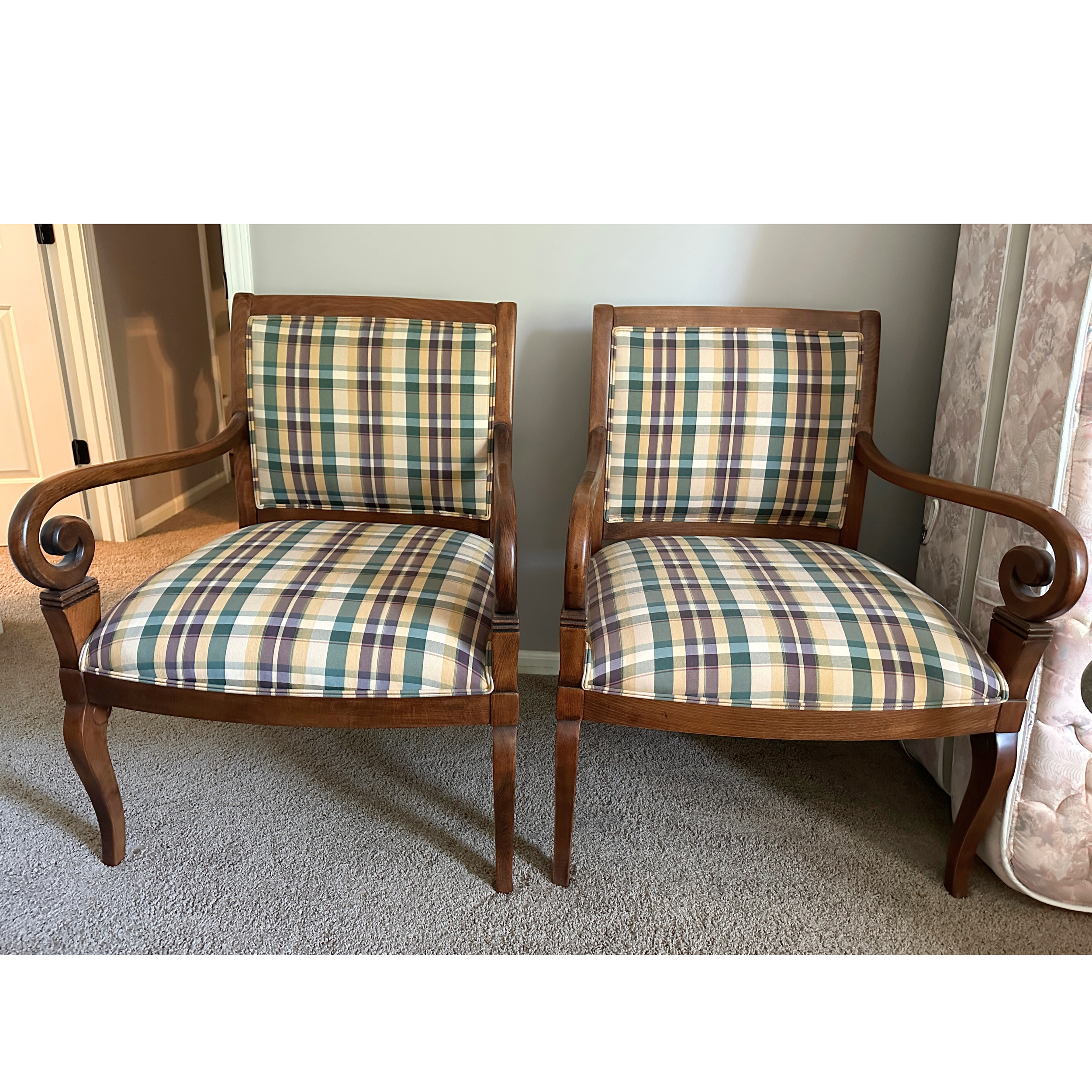 Pair of Ethan Allen Regency Style Plaid Chairs